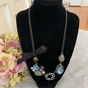 Vera Wang Gun Metal Grey Jeweled Blue Stone Rhinestone Statement Necklace